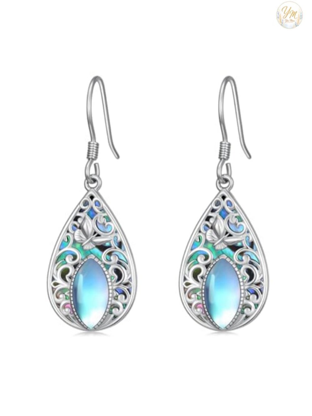 Sterling Silver Moonstone Dangle Drop Earrings Leverback Filigree Butterfly